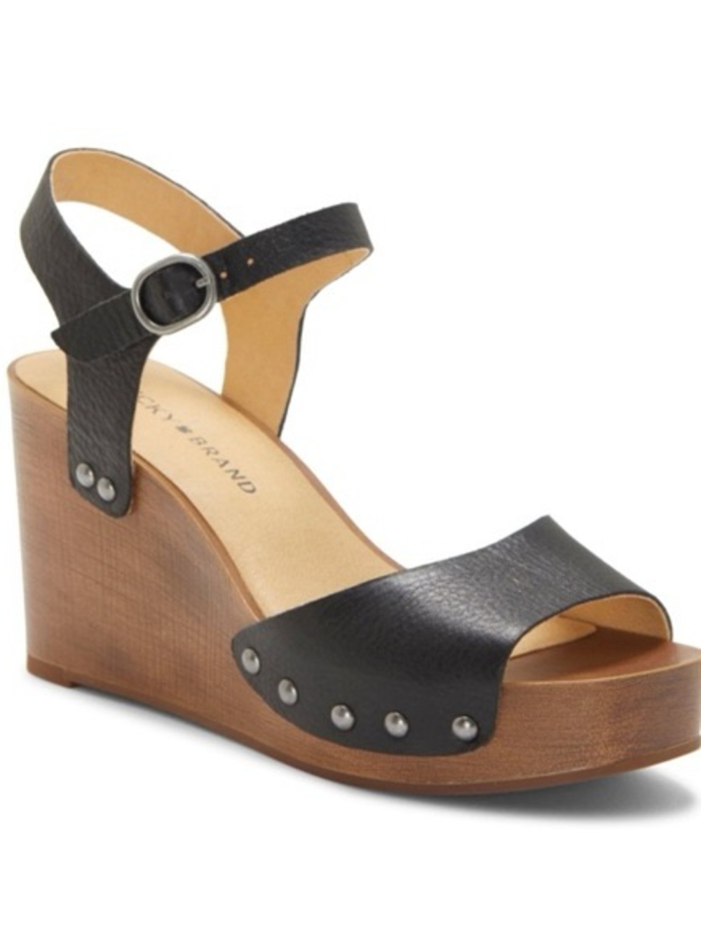 Lucky Brand Black Leather Studded Wedge Sandals